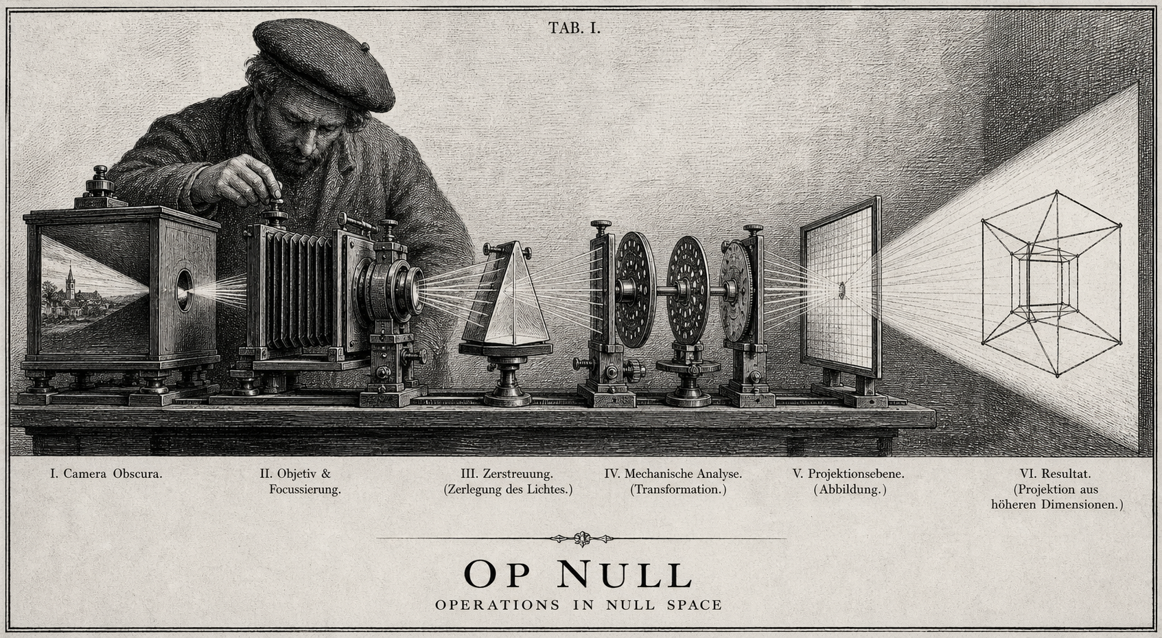 Engraved scientific plate. A figure in a beret tunes a chain of optical instruments — camera obscura, bellows and lens, prism, mechanical disc transform, projection plate — culminating in a four-dimensional polytope projected to the right. Caption reads: Op Null, Operations in Null Space.